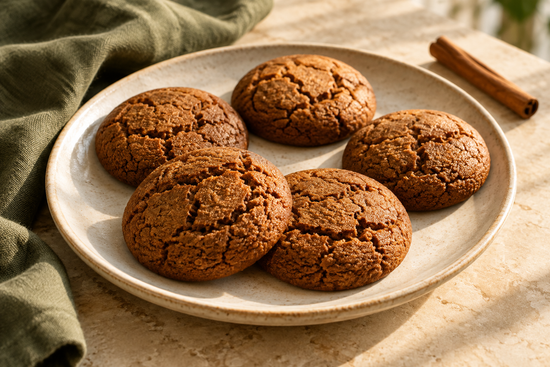 Small ginger molasses cookies with cracked tops on a cream ceramic plate; illustrative serving idea.