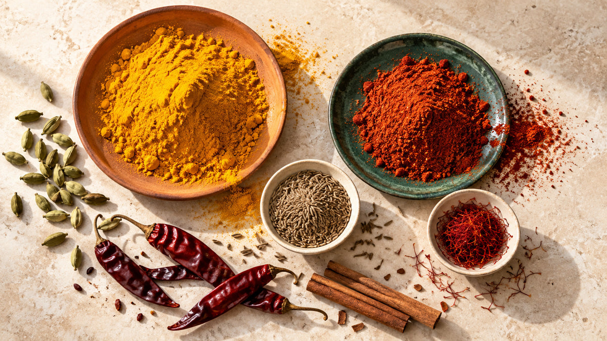 An artistic arrangement of vivid ground spices and whole ingredients on a warm spice-coloured table