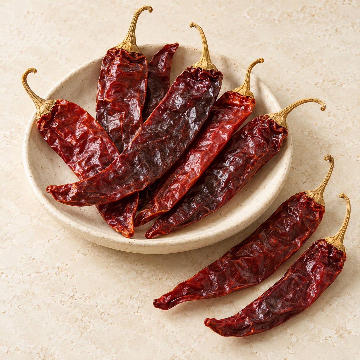 Illustrative photograph of whole New Mexico red chiles with their stems in an ivory dish
